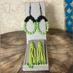 💚 Set/2 Green Beaded Earrings Wire Wrapped Fringe Handmade